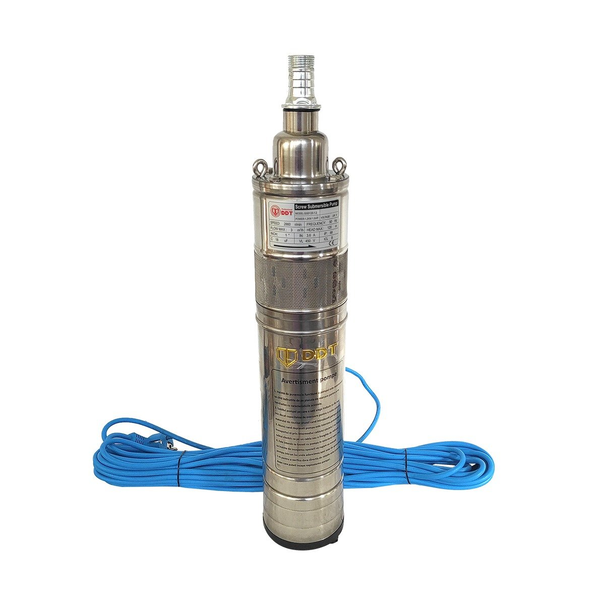 Pompa submersibila, DDT, QGD120, Inox complet, suruburi inox, sita protectie, 20 m cablu, 120 m, 3 m³/h Pompa submersibila, DDT, QGD120, Inox complet, suruburi inox, sita protectie, 20 m cablu, 120 m, 3 m³/h